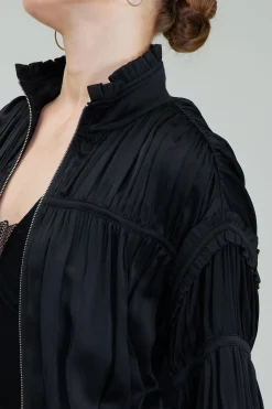 Current Air Coats & Jackets-Shirred Zip Up Jacket BLACK