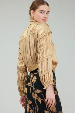 Current Air Coats & Jackets-Shirred Zip Up Jacket GOLD