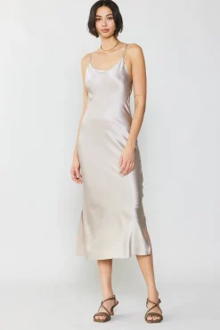 Current Air Midi Dresses-Silk Bias Midi Dress CHAMPAGNE