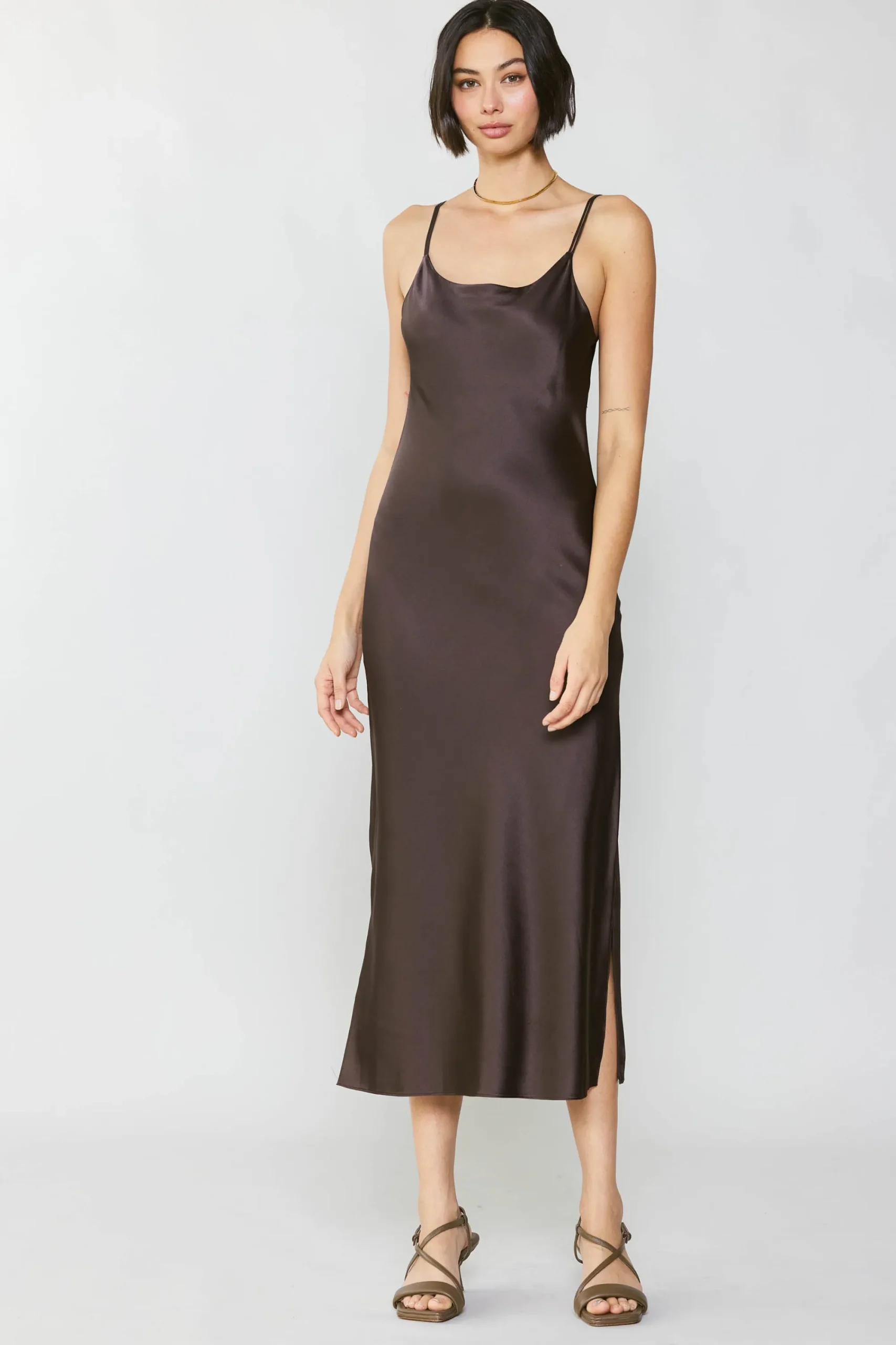 Current Air Midi Dresses-Silk Bias Midi Dress BROWN