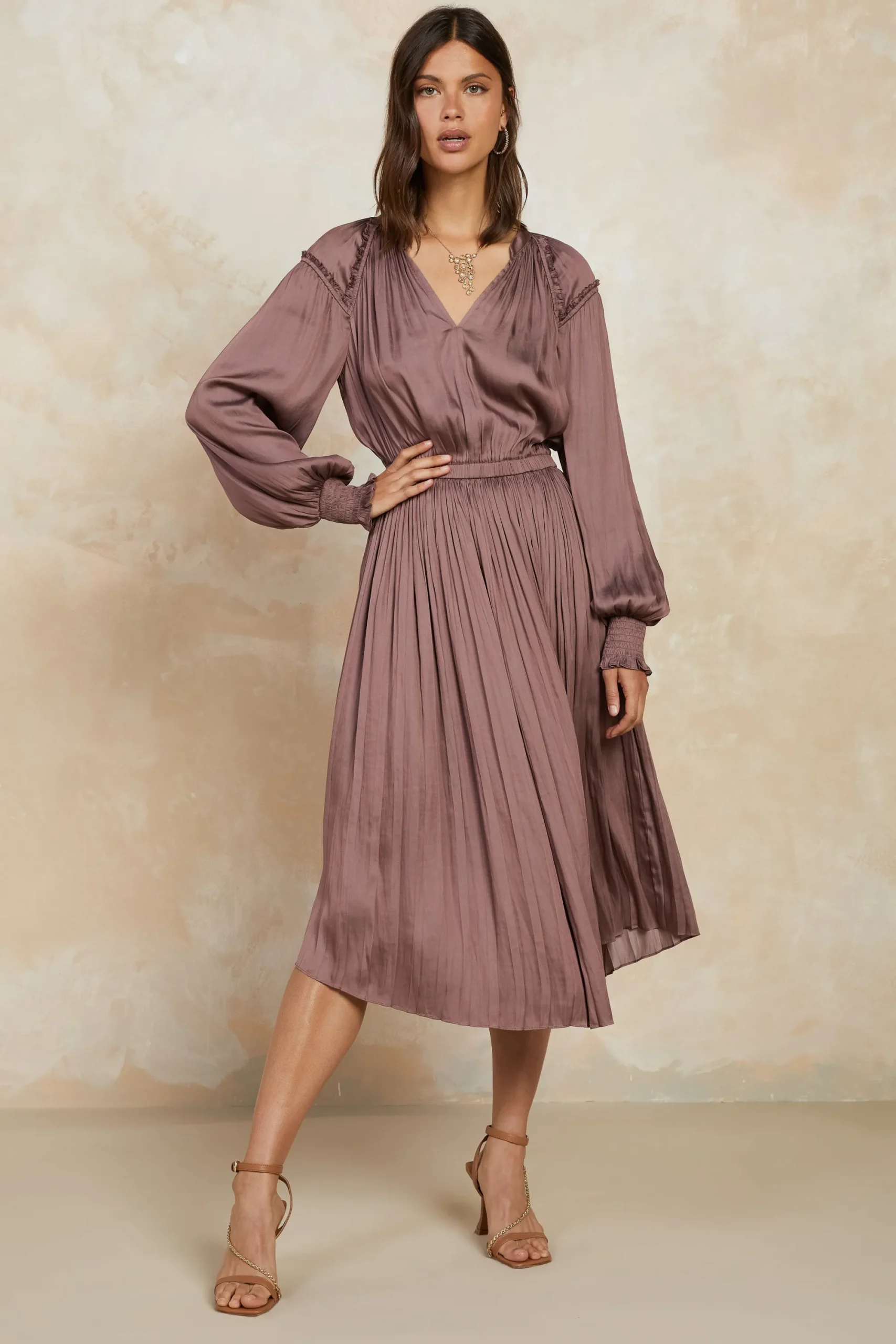 Current Air Midi Dresses-Smocked Cuff Midi Dress MAUVEBROWN