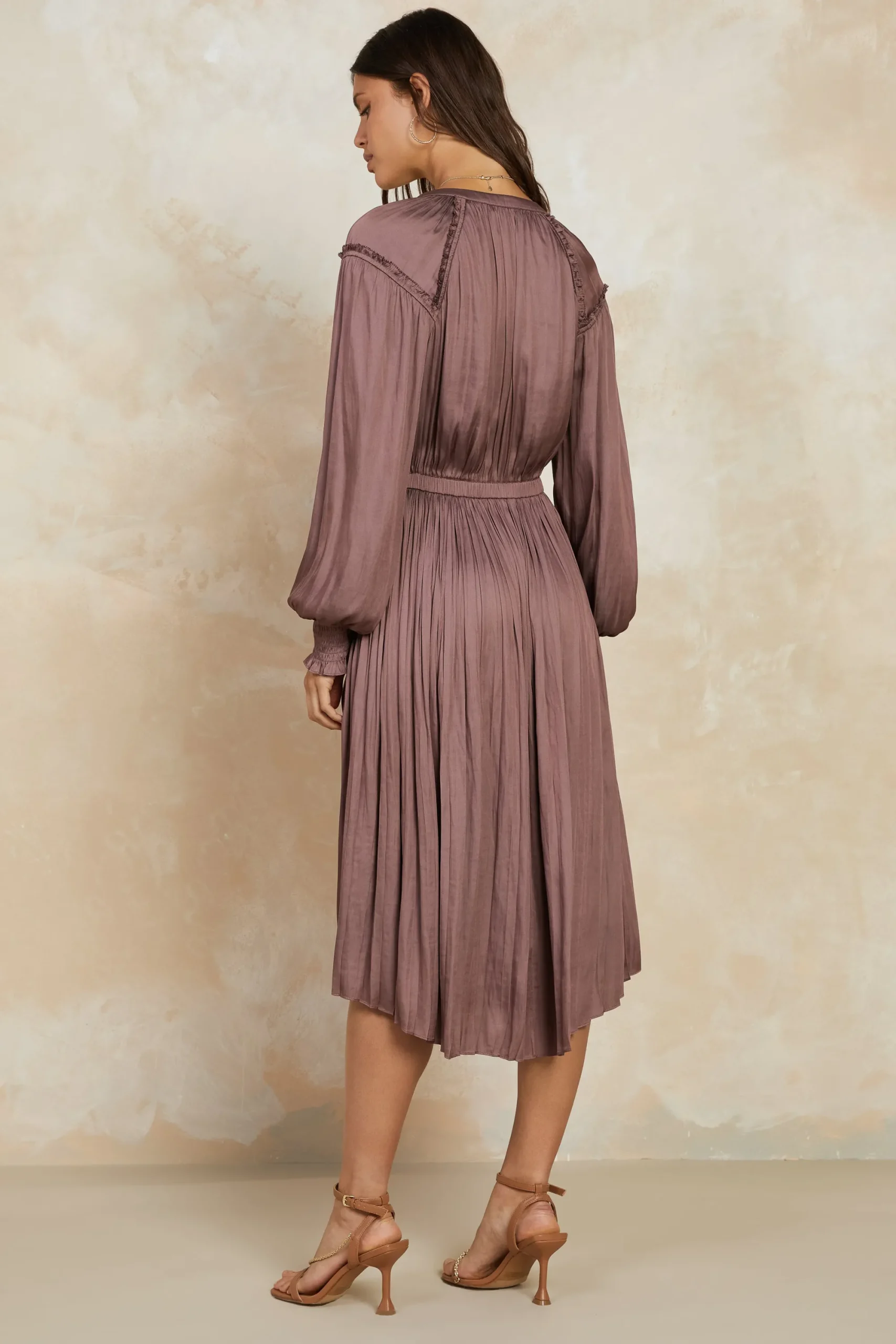 Current Air Midi Dresses-Smocked Cuff Midi Dress MAUVEBROWN