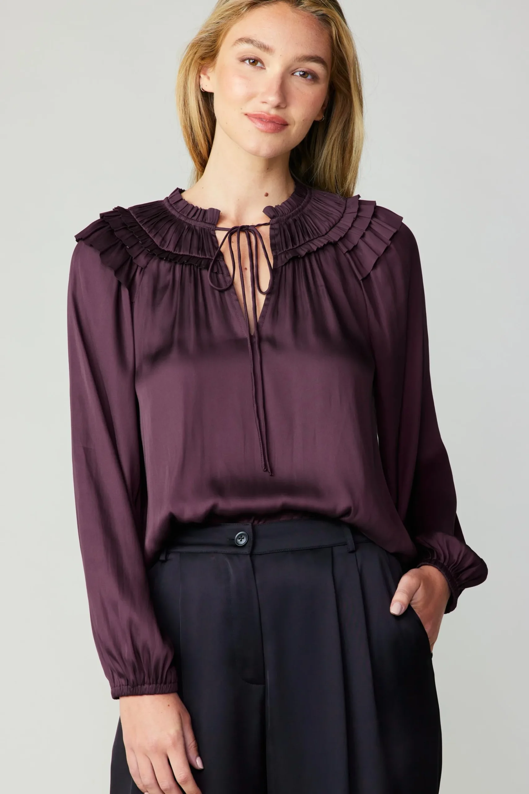 Current Air Long Sleeve Tops-Smocked Shoulder Blouse MIDNIGHTPLUM