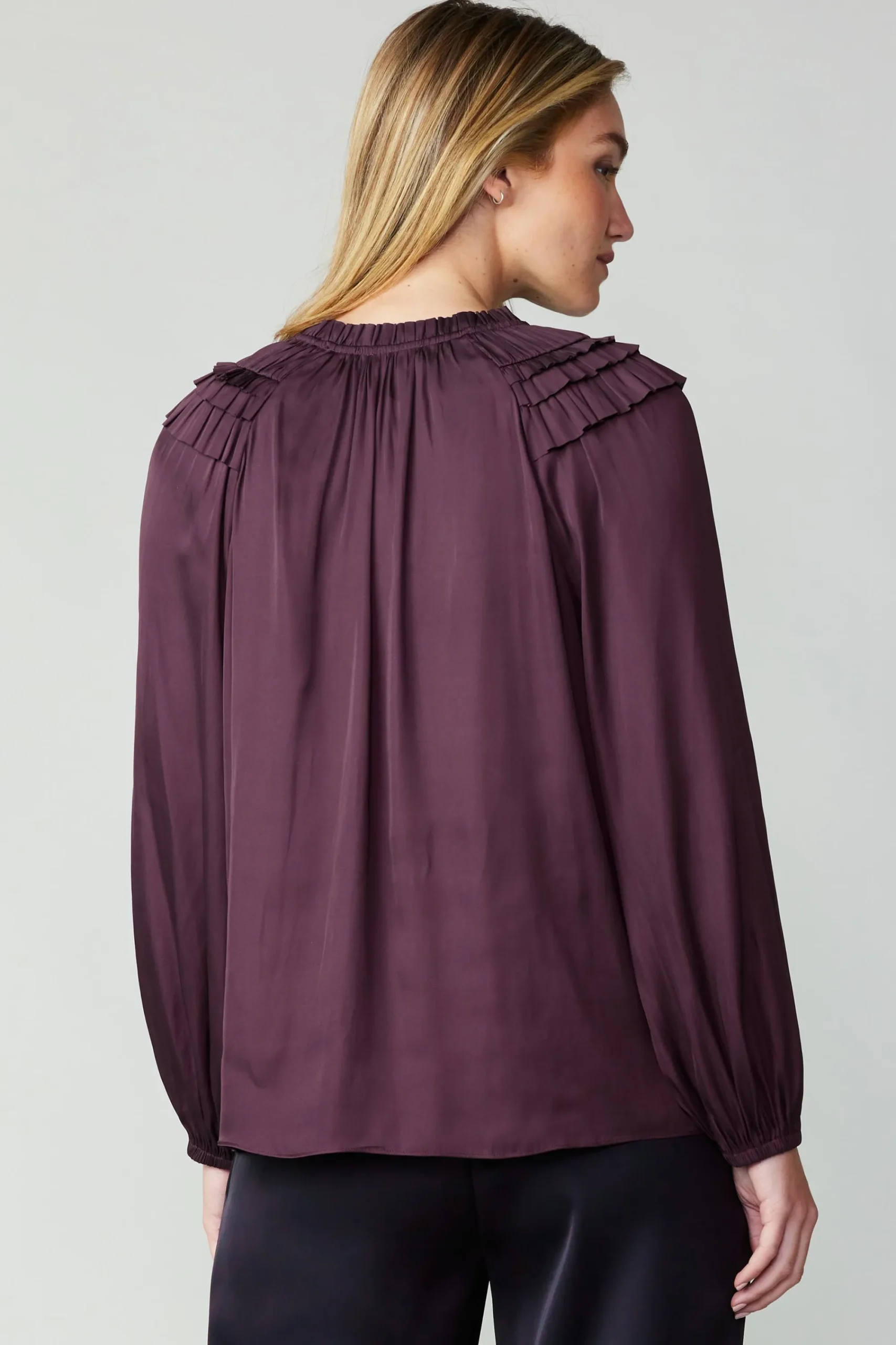Current Air Long Sleeve Tops-Smocked Shoulder Blouse MIDNIGHTPLUM