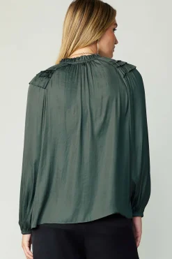 Current Air Long Sleeve Tops-Smocked Shoulder Blouse FORESTGREEN
