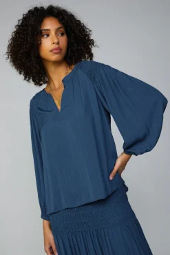 Current Air Long Sleeve Tops-Smocked Shoulder Button Blouse FRENCHNAVY
