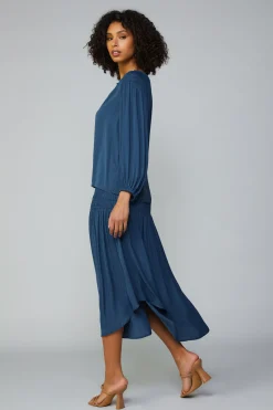Current Air Long Sleeve Tops-Smocked Shoulder Button Blouse FRENCHNAVY