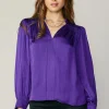 Current Air Long Sleeve Tops-Smocked Shoulder Cuffed Blouse SPACEPURPLE