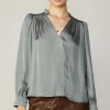 Current Air Long Sleeve Tops-Smocked Shoulder Cuffed Blouse MOSSGREY
