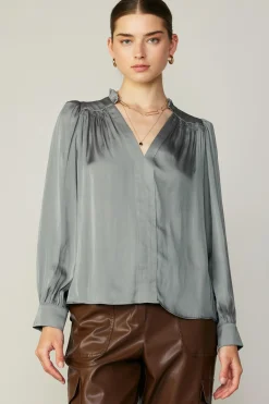 Current Air Long Sleeve Tops-Smocked Shoulder Cuffed Blouse MOSSGREY