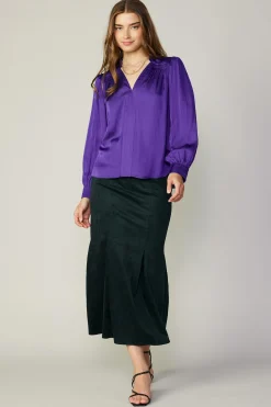 Current Air Long Sleeve Tops-Smocked Shoulder Cuffed Blouse SPACEPURPLE