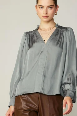 Current Air Long Sleeve Tops-Smocked Shoulder Cuffed Blouse MOSSGREY