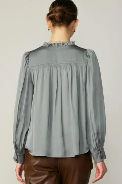 Current Air Long Sleeve Tops-Smocked Shoulder Cuffed Blouse MOSSGREY