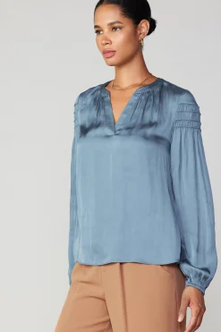 Current Air Long Sleeve Tops-Smocked Sleeve Blouse DUSTYSKY