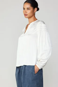 Current Air Long Sleeve Tops-Smocked Sleeve Blouse ECRU