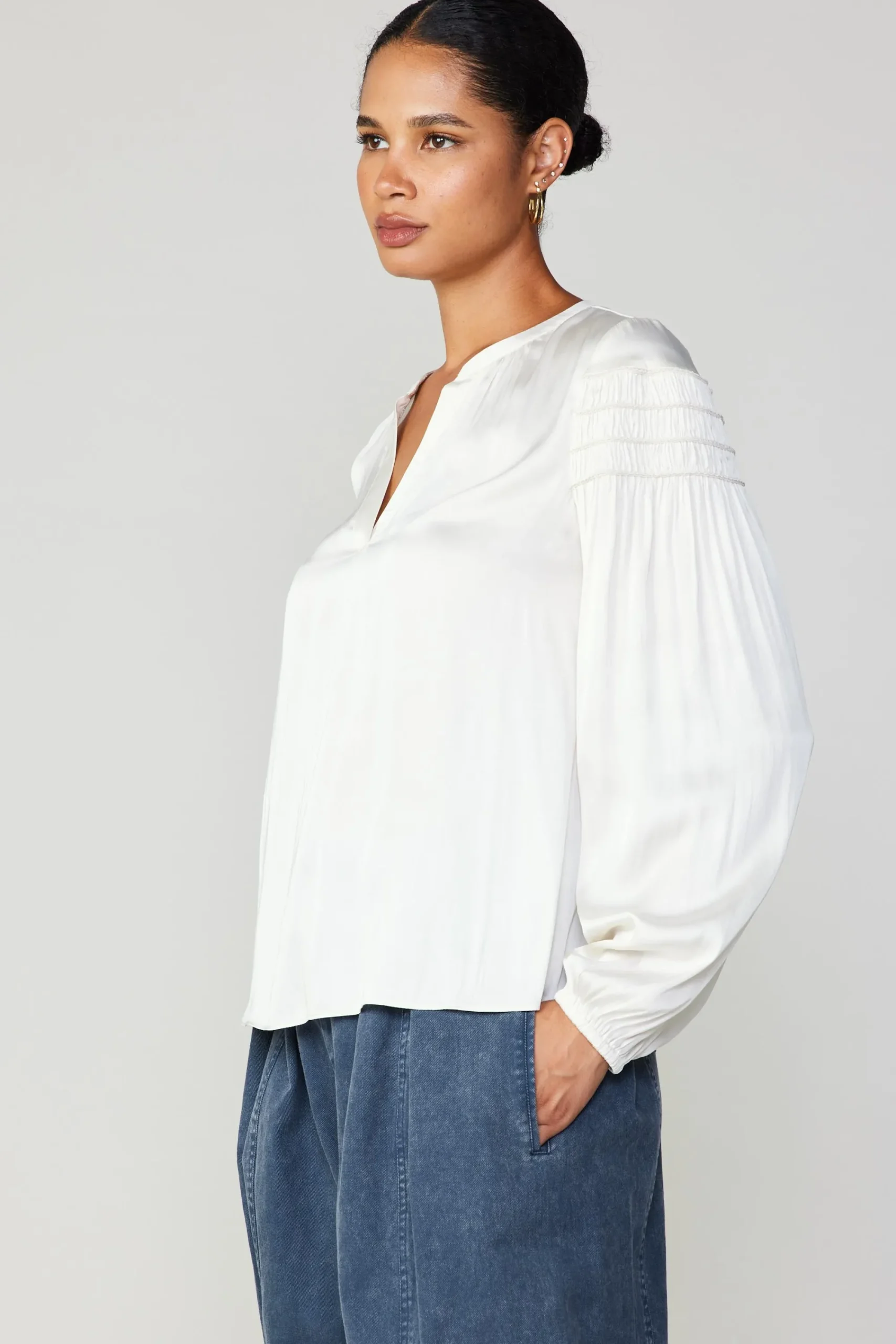 Current Air Long Sleeve Tops-Smocked Sleeve Blouse ECRU