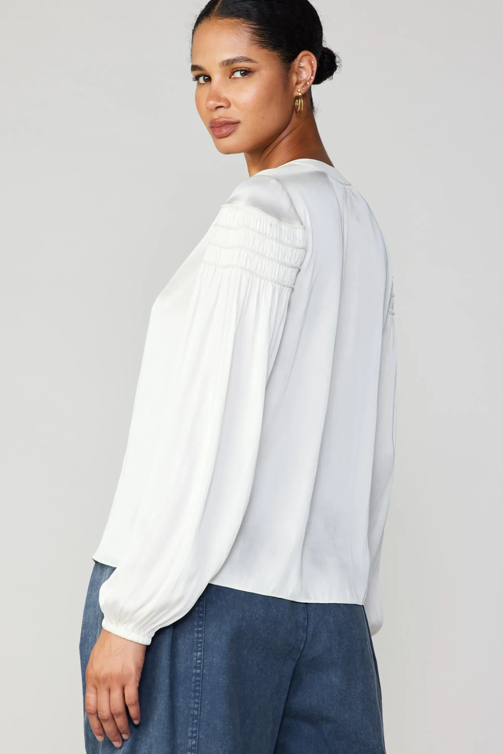 Current Air Long Sleeve Tops-Smocked Sleeve Blouse ECRU