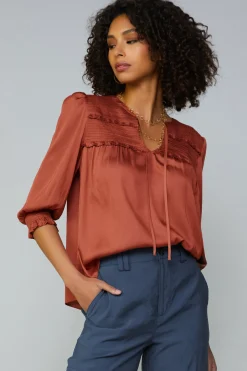 Current Air Long Sleeve Tops-Smocked Split Neck Blouse ROSEWOOD