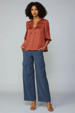 Current Air Long Sleeve Tops-Smocked Split Neck Blouse ROSEWOOD