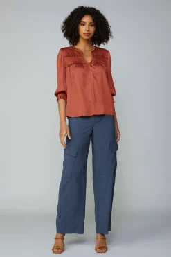 Current Air Long Sleeve Tops-Smocked Split Neck Blouse ROSEWOOD