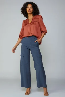 Current Air Long Sleeve Tops-Smocked Split Neck Blouse ROSEWOOD