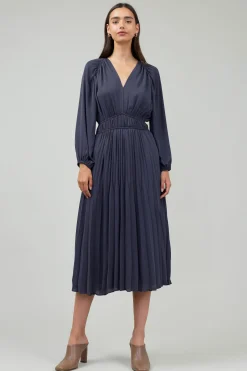 Current Air Midi Dresses-Smocked Vneck Midi Dress DARKSLATENAVY