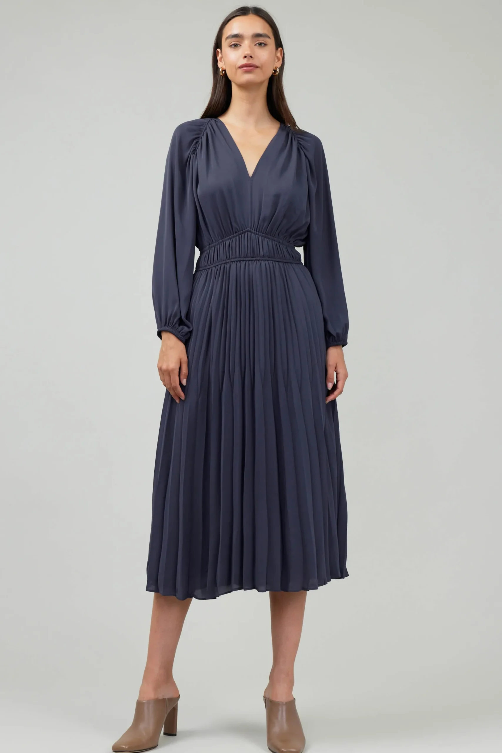 Current Air Midi Dresses-Smocked Vneck Midi Dress DARKSLATENAVY