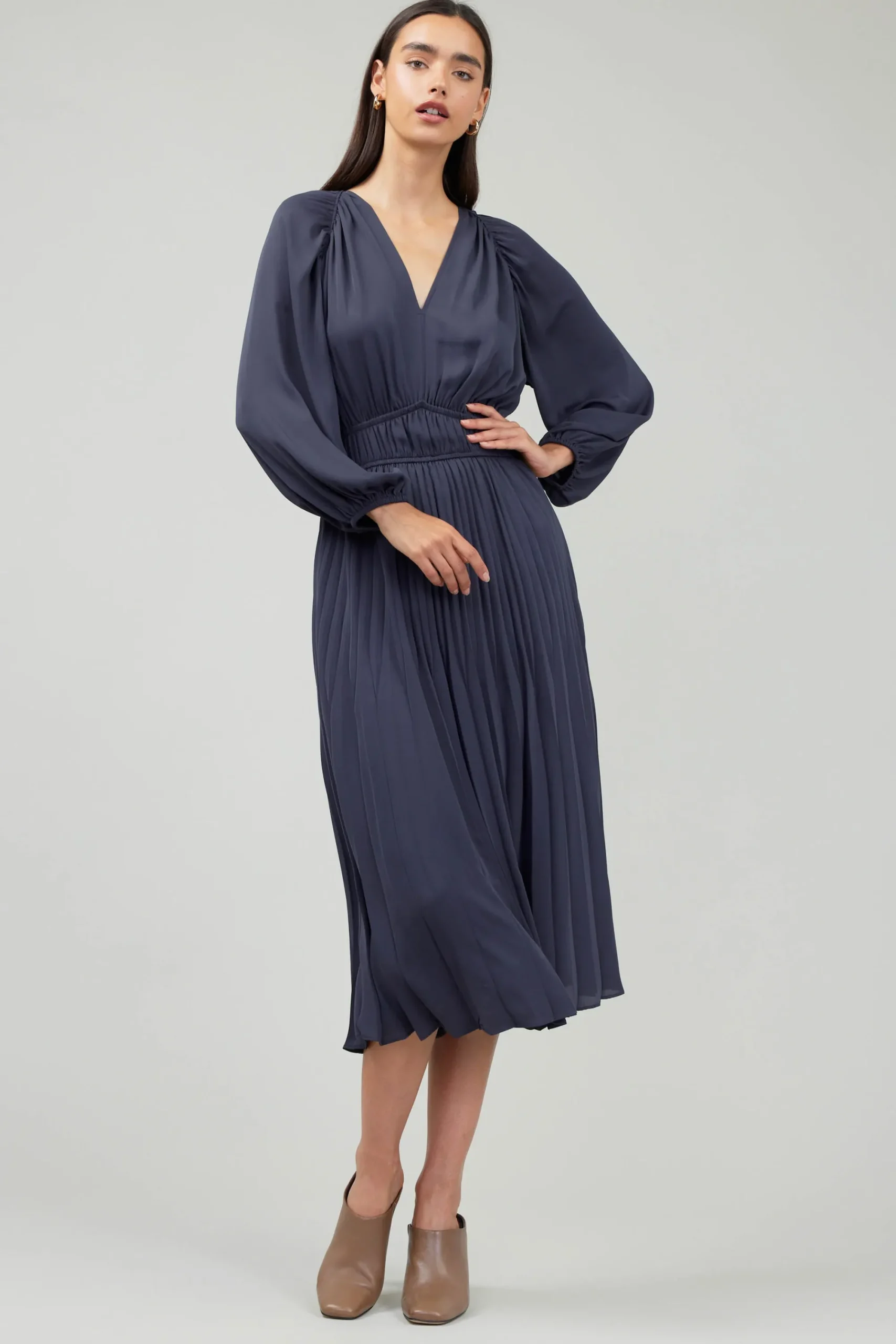 Current Air Midi Dresses-Smocked Vneck Midi Dress DARKSLATENAVY