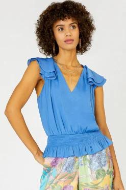 Current Air Sleeveless Tops-Smocked Waist Cap Sleeve Top FADEDBLUE
