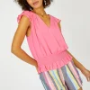Current Air Sleeveless Tops-Smocked Waist Cap Sleeve Top PINK