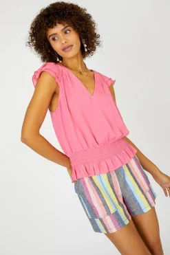Current Air Sleeveless Tops-Smocked Waist Cap Sleeve Top PINK