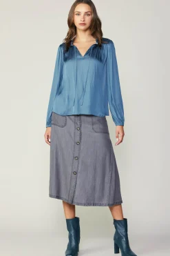 Current Air Long Sleeve Tops-Smocked Yoke Blouse AEGEANBLUE
