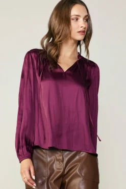 Current Air Long Sleeve Tops-Smocked Yoke Blouse WINE