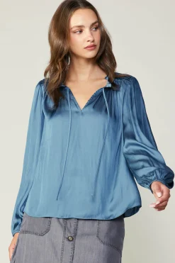 Current Air Long Sleeve Tops-Smocked Yoke Blouse AEGEANBLUE