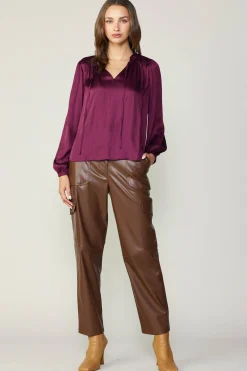 Current Air Long Sleeve Tops-Smocked Yoke Blouse WINE