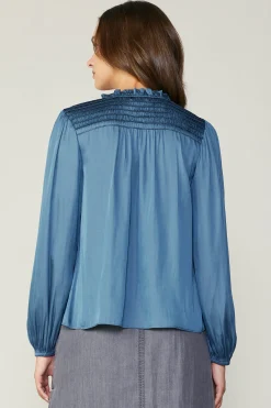 Current Air Long Sleeve Tops-Smocked Yoke Blouse AEGEANBLUE