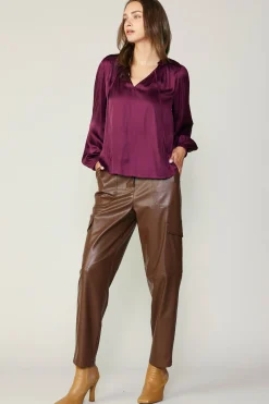 Current Air Long Sleeve Tops-Smocked Yoke Blouse WINE