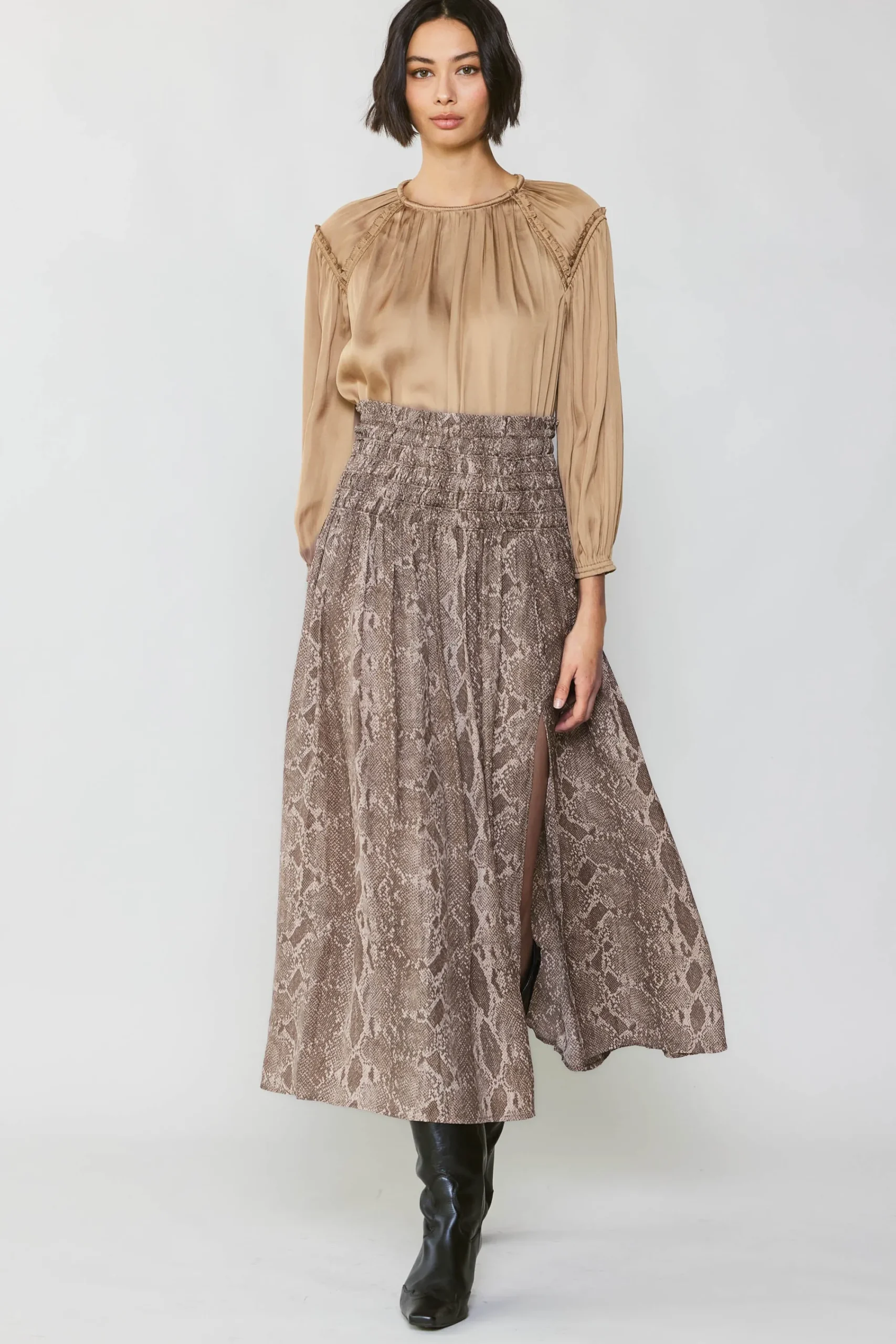 Current Air Skirts-Snake Print Midi Skirt BROWN