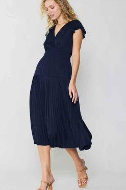 Current Air Midi Dresses-Sophia Flutter Sleeve Midi Dress NAVY