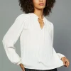 Current Air Long Sleeve Tops-Split Neck Blouse ECRU