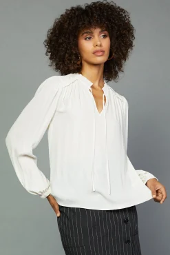 Current Air Long Sleeve Tops-Split Neck Blouse ECRU