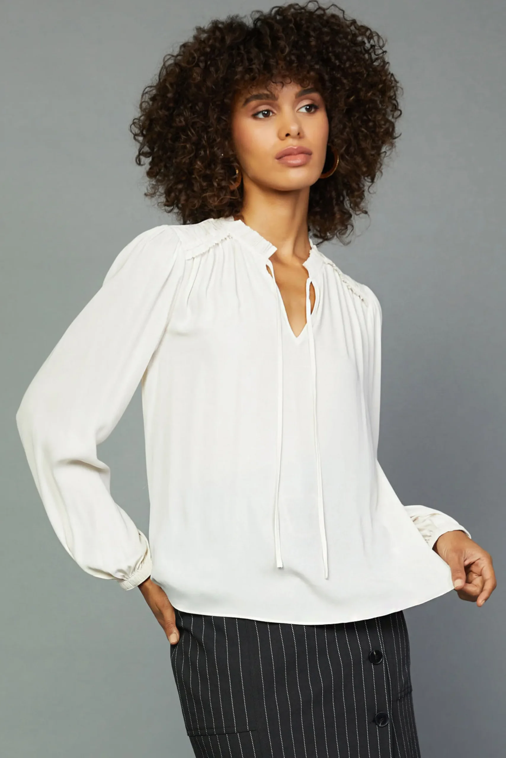Current Air Long Sleeve Tops-Split Neck Blouse ECRU