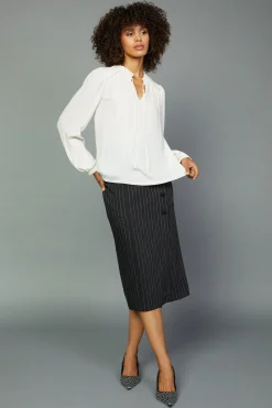 Current Air Long Sleeve Tops-Split Neck Blouse ECRU