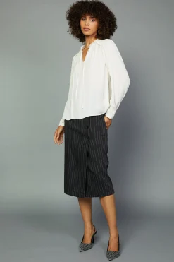 Current Air Long Sleeve Tops-Split Neck Blouse ECRU