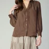 Current Air Long Sleeve Tops-Split Neck Buttoned Shirt COCOA