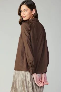 Current Air Long Sleeve Tops-Split Neck Buttoned Shirt COCOA