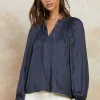 Current Air Long Sleeve Tops-Split Neck Long Sleeve Top CHARCOAL