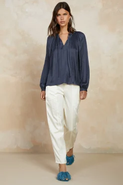 Current Air Long Sleeve Tops-Split Neck Long Sleeve Top CHARCOAL