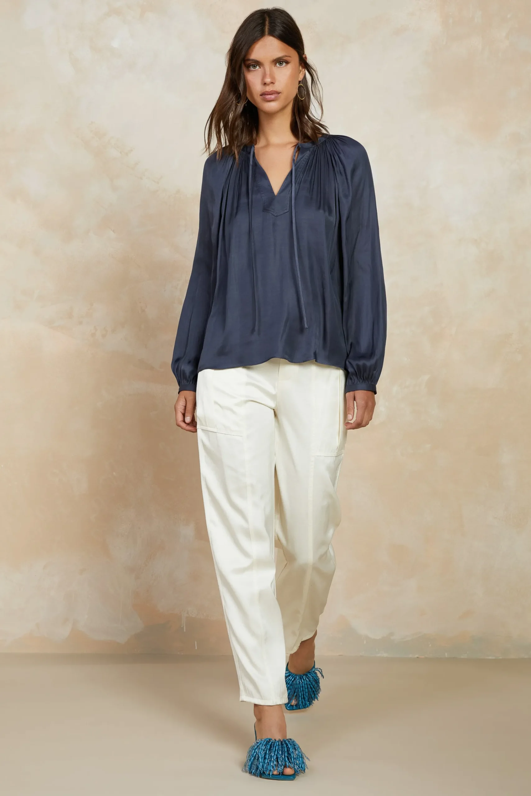Current Air Long Sleeve Tops-Split Neck Long Sleeve Top CHARCOAL