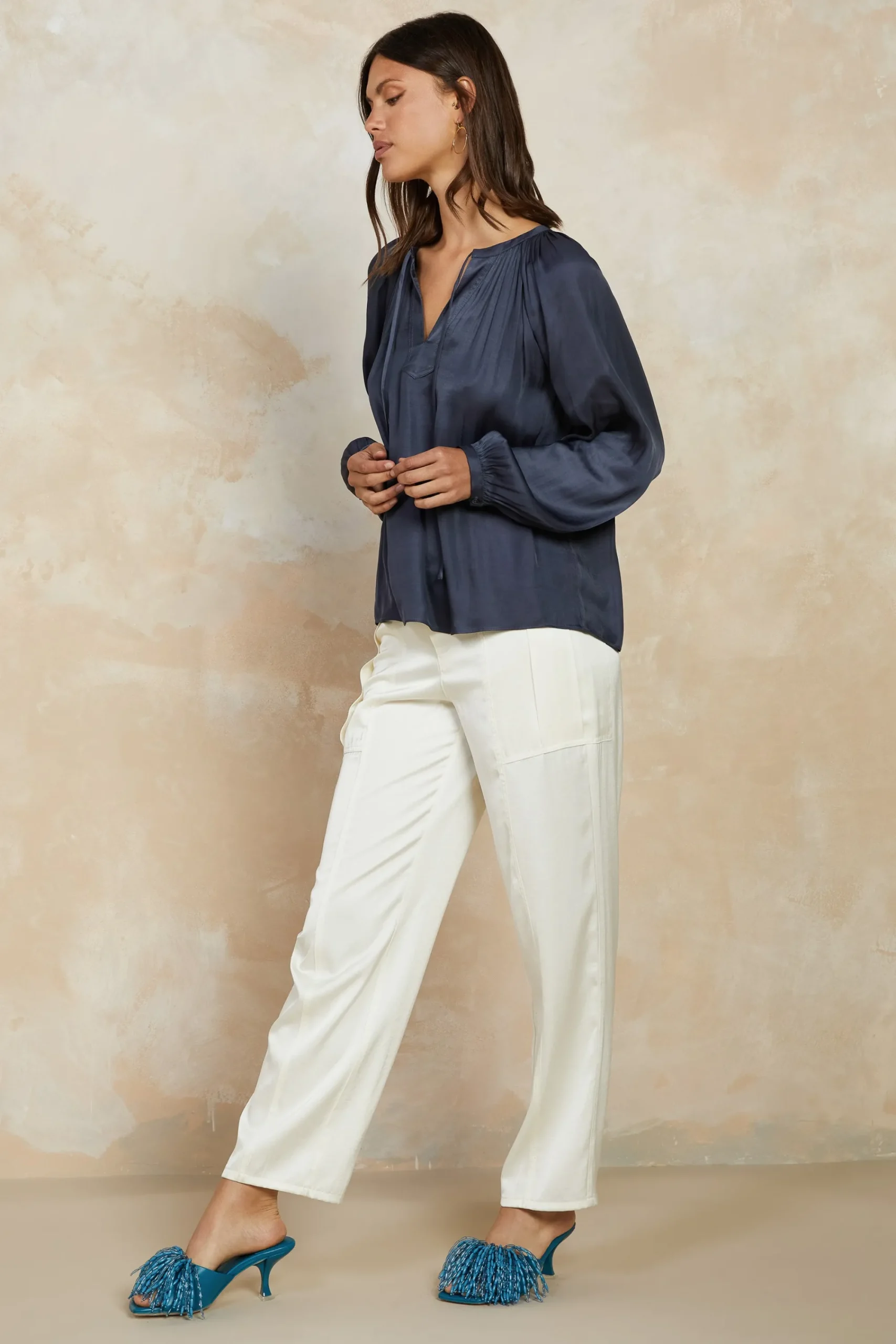 Current Air Long Sleeve Tops-Split Neck Long Sleeve Top CHARCOAL